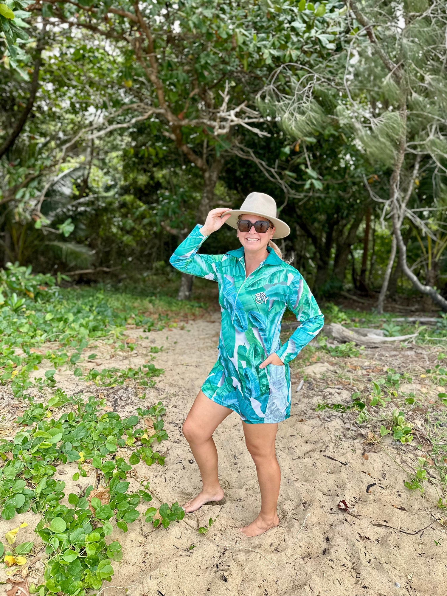 Woman wearing fishing dress at the beach in Australia