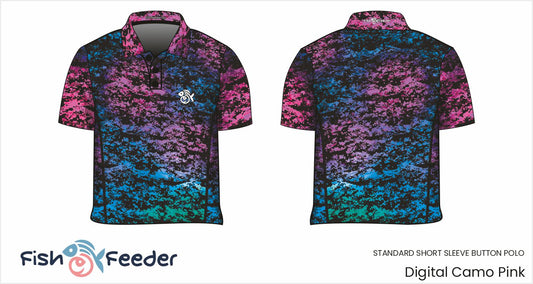 Multicoloured digital camo polo shirt with 'Fish Feeder' branding on a white background