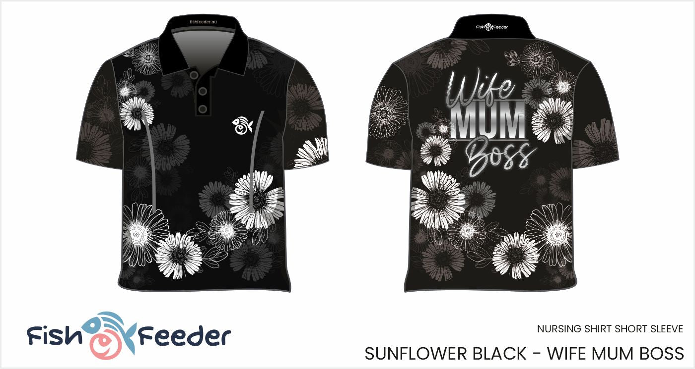 Black and white sunflower print polo shirt with nursing zips