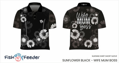 Black and white sunflower print polo shirt with nursing zips