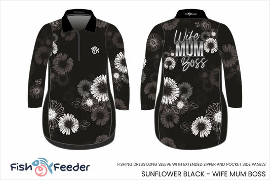 Wife Mum Boss Sunflower Black Dress - Long Sleeve