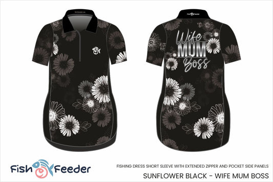Wife Mum Boss Sunflower Black Dress - Short Sleeve