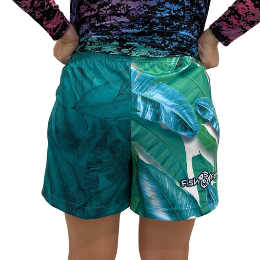 Drawstring ladies footy shorts with pockets rear view Beleaf Fish Feeder Wear